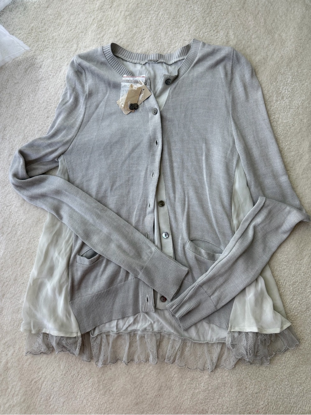 BNWT Chan Luu Light Gray Layered Ruched Cardigan with Lace Hem